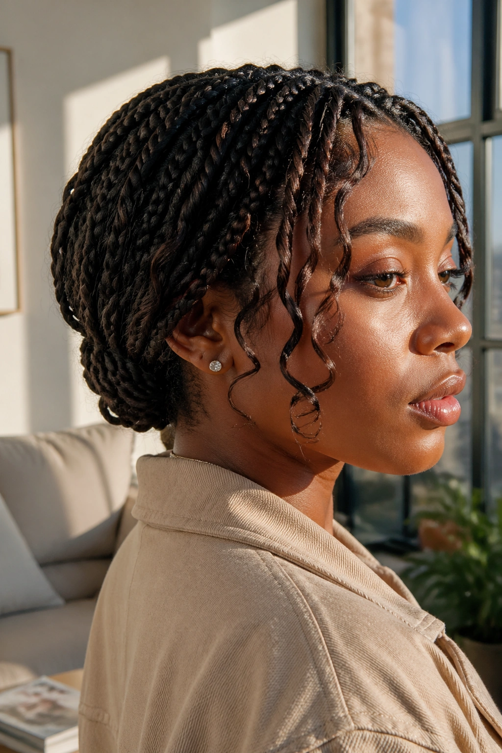 Close-up of a real woman with short boho box braids tucked at the nape under a jacket