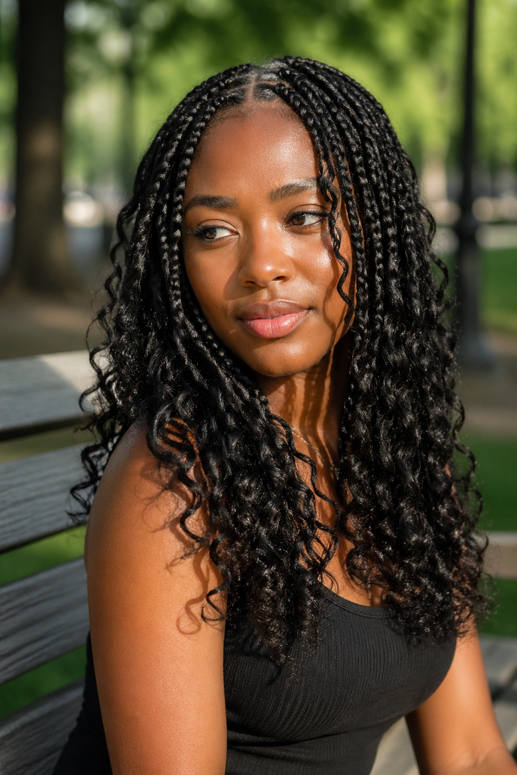 Close-up of a real person with boho box crochet braids