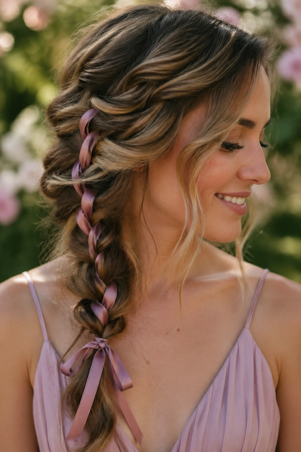 Close-up of a real woman with a messy boho braid and ribbon in spring garden light