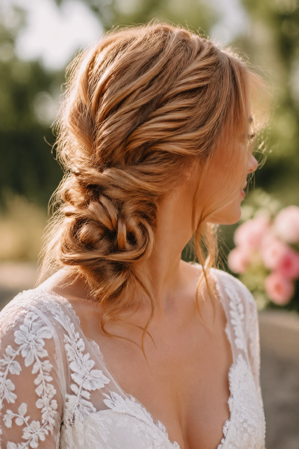 Close-up of a bride with a loose, airy boho braid in strawberry blonde hair.