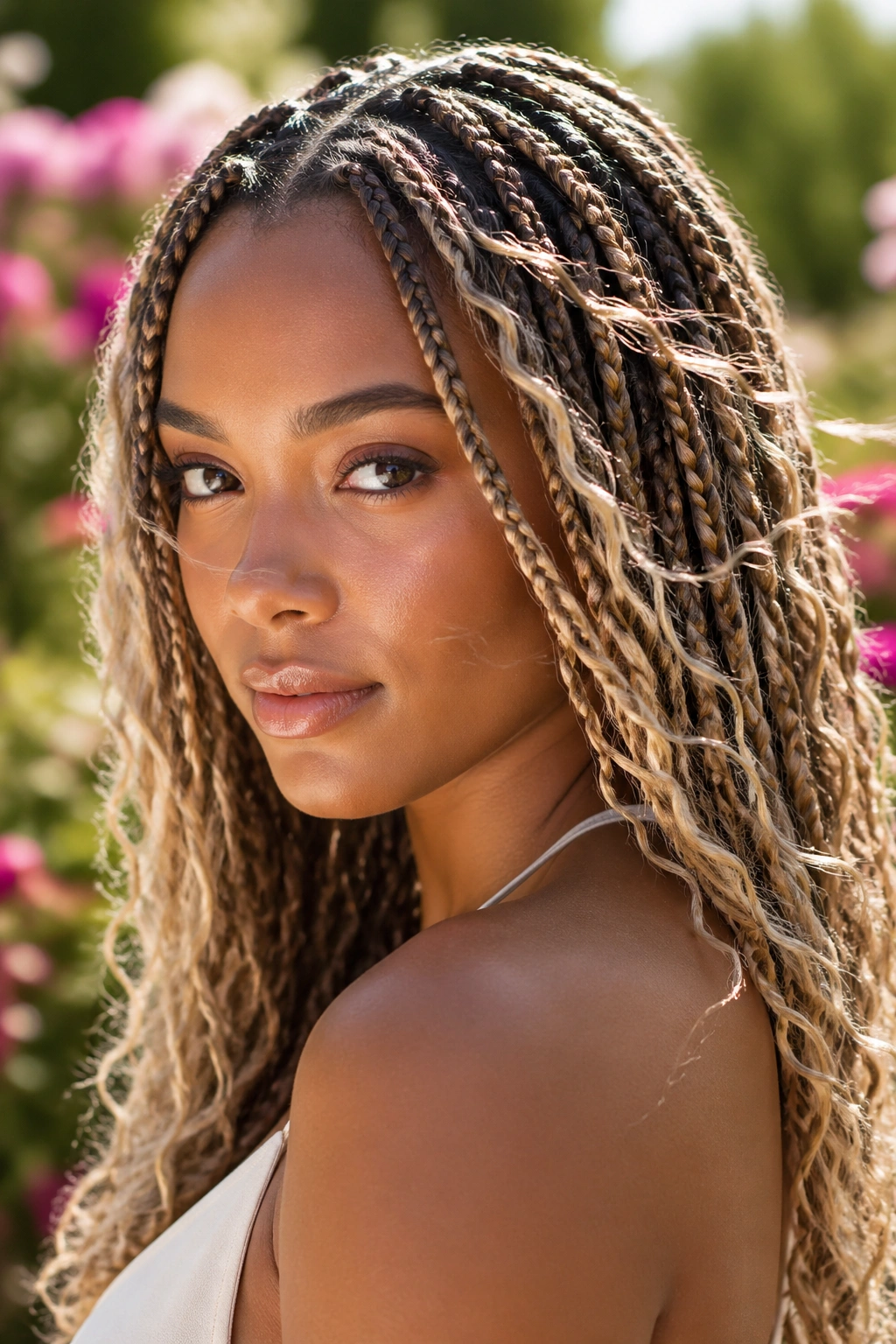 Close-up of boho knotless box braids with blonde curls on a real person outdoors