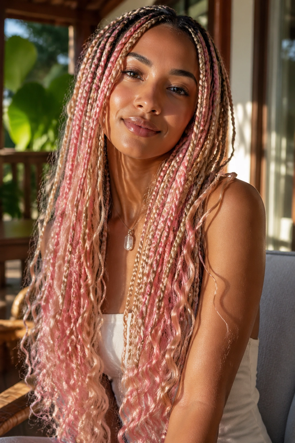 Close-up of waist-length boho knotless braids with curled ends on a real woman.