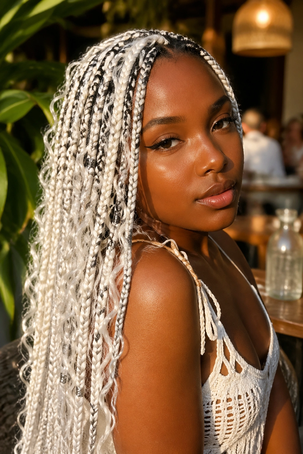 Real woman with boho white box braids and loose curls through the length.