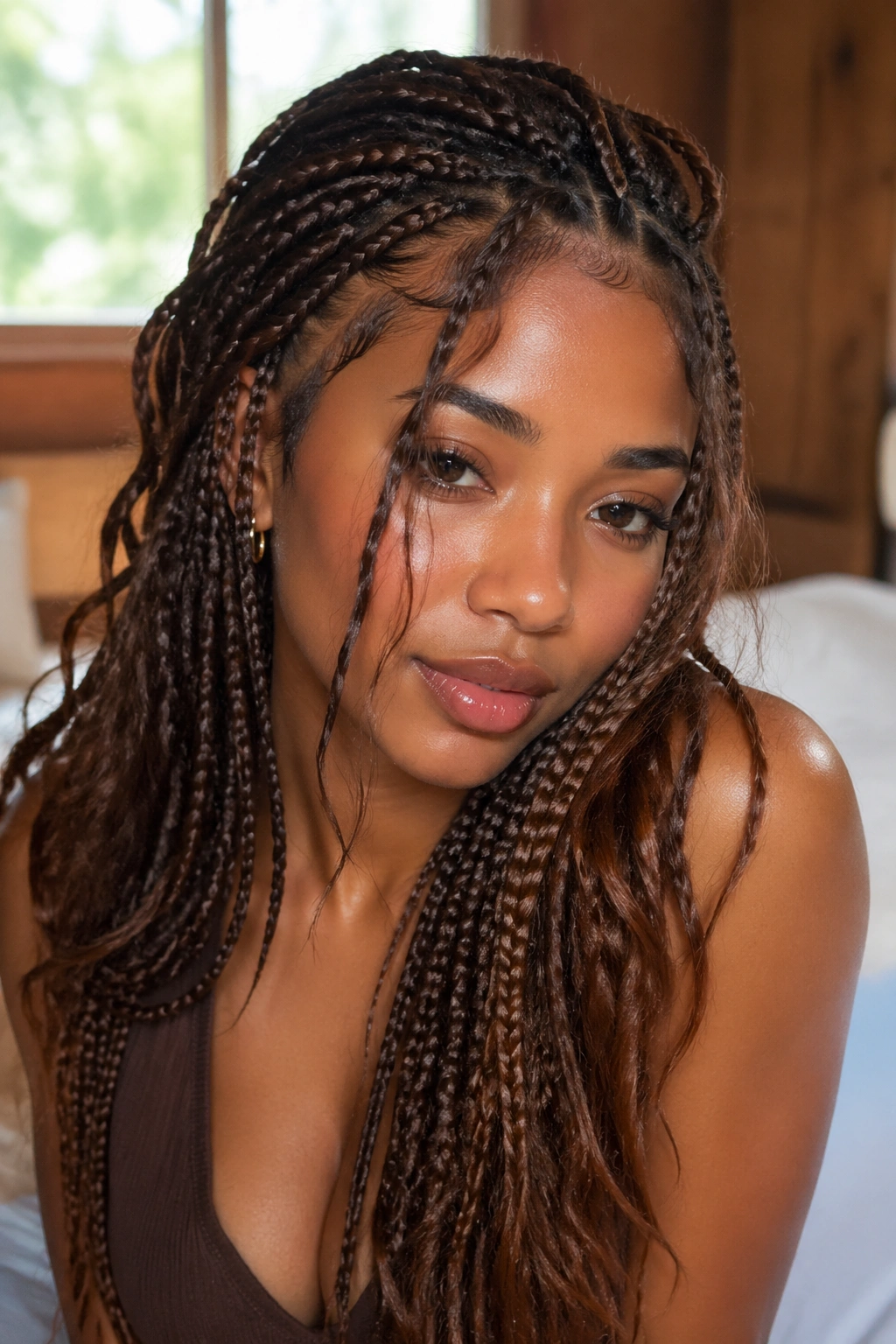 Close-up portrait of a real woman with brown boho box braids and face-framing pieces in natural light