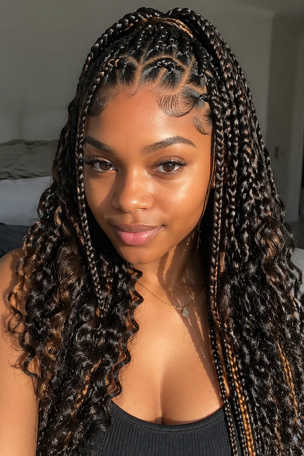 Close-up of a real person with boho box braids showing heart corners and curly ends