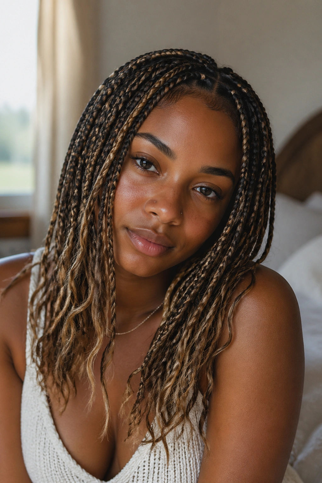 Close-up portrait of a real woman with boho knotless braids featuring a brown base and blonde woven ends