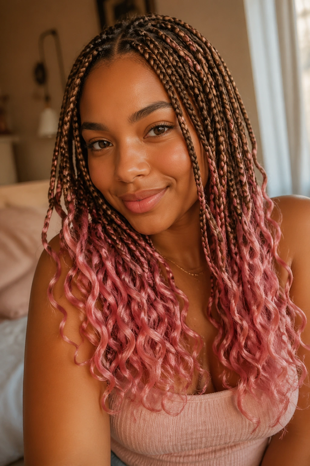 Close-up of a real woman with honey brown boho braids and pink curls