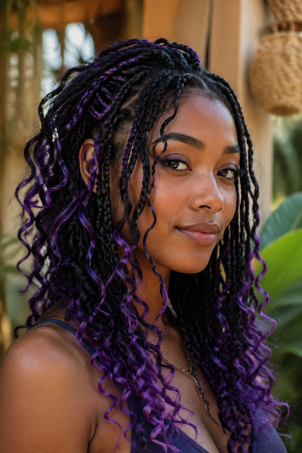 Real woman with boho braids and purple loose curls in sunlight.