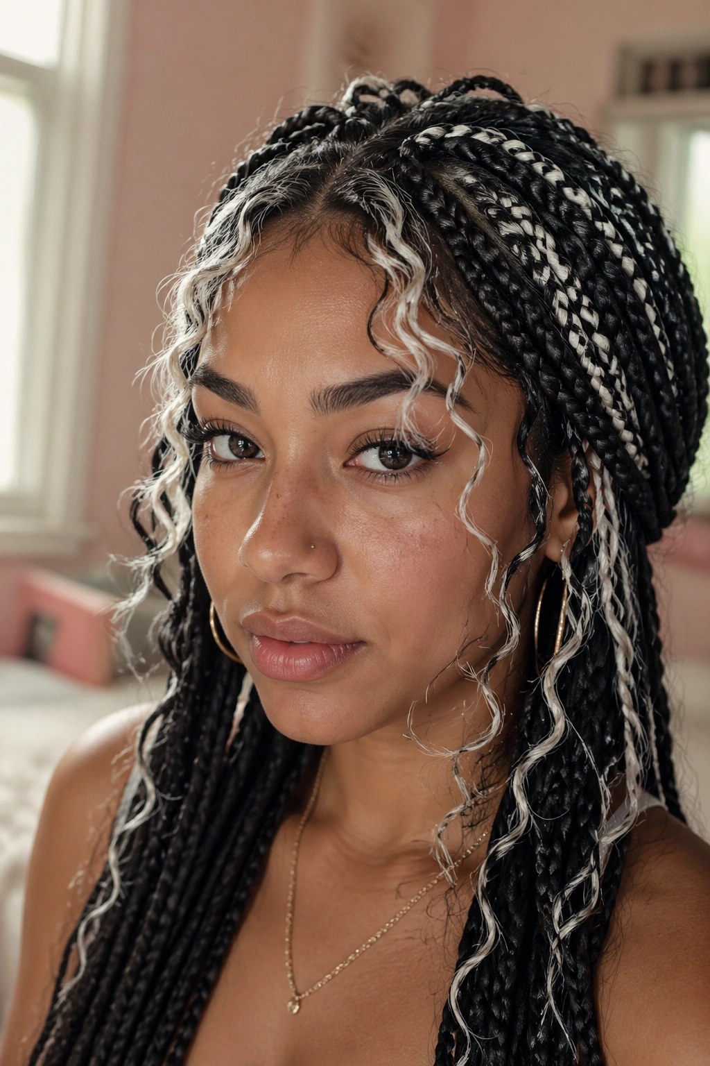 Close-up of a real woman with boho braids and white curly tendrils framing her face