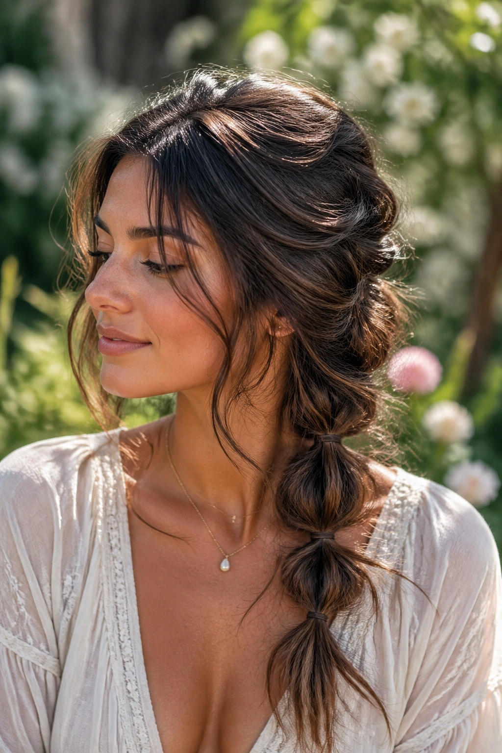 Close-up of Boho Bubble Braid With Wispy Ends on a real woman's head in a sunlit garden