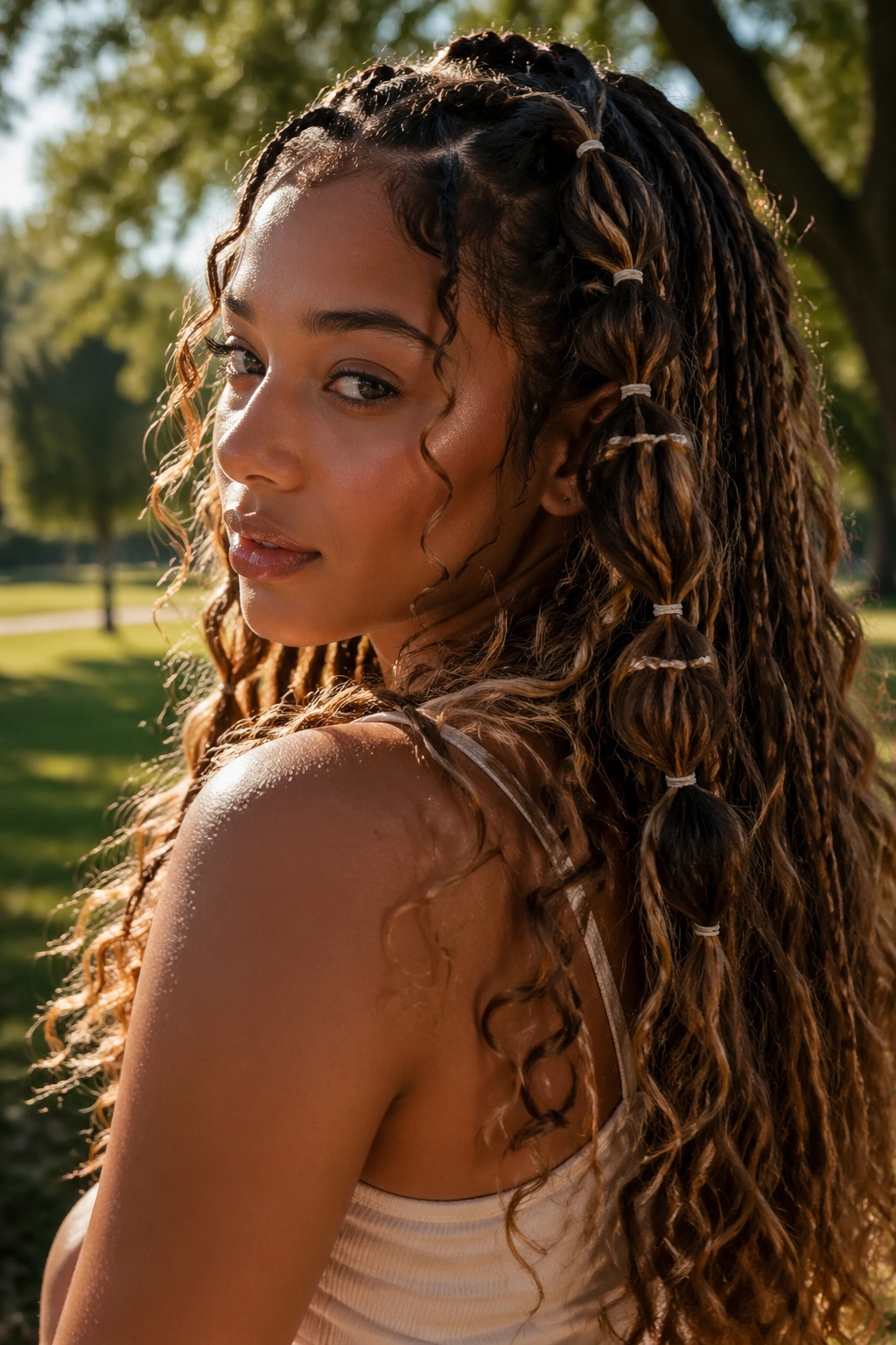 Close-up of boho butterfly braids with mixed texture in outdoor natural light