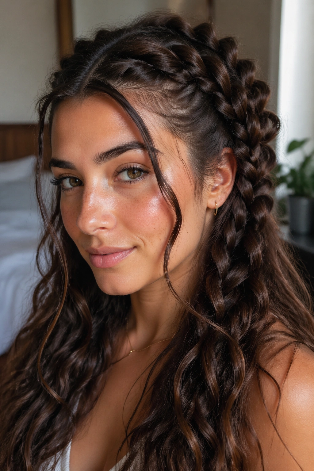 Close-up of a real woman with Boho Dragon Braids with Face-Framing Pieces in window light