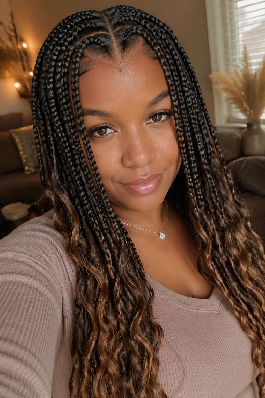 Close-up of a real person with boho-textured ends and a heart part
