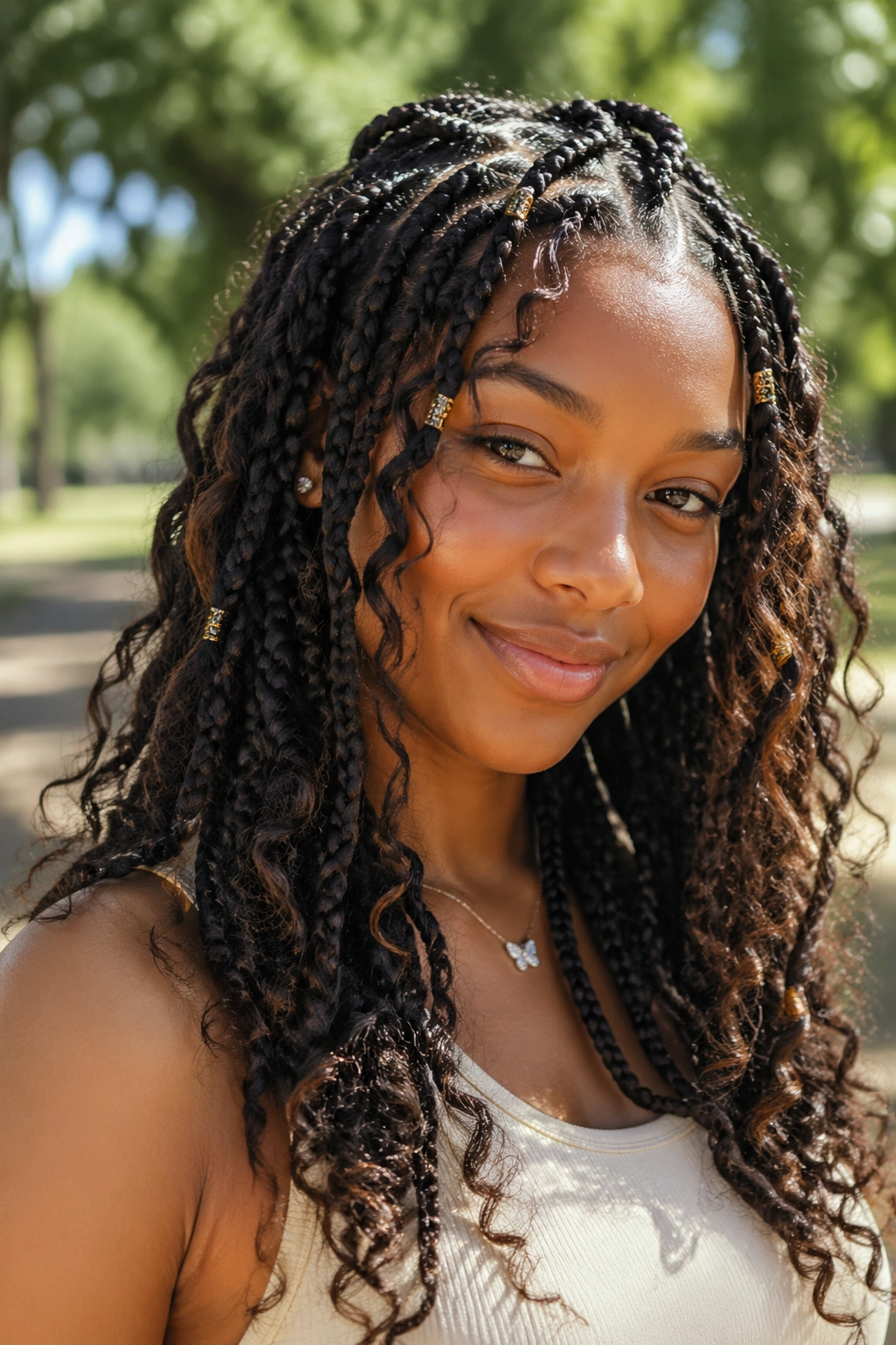 Close-up of boho goddess braids with loose curls on a real person