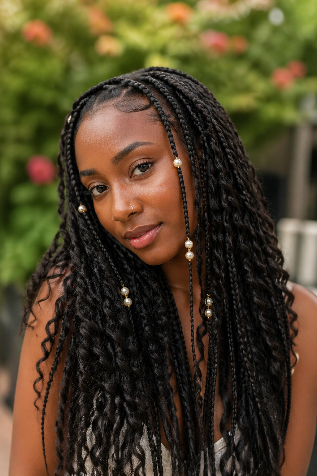 Close-up portrait of a real woman with boho goddess box braids and pearl beads in an outdoor garden setting