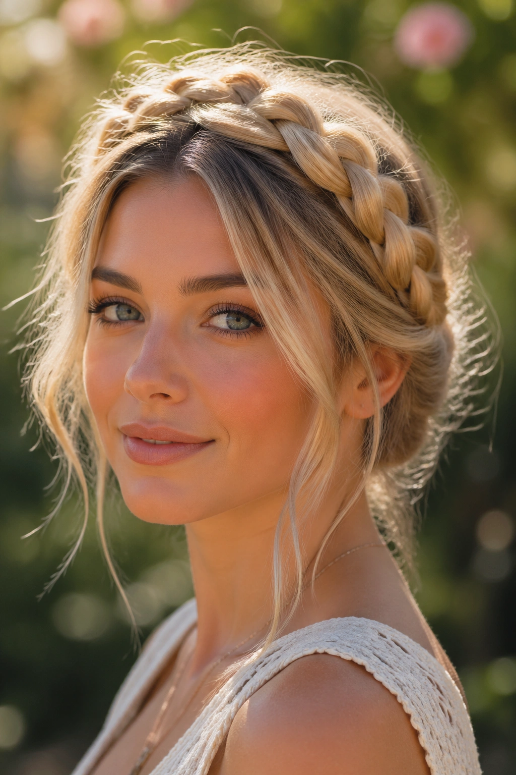 Halo braid encircling the head on a real person outdoors