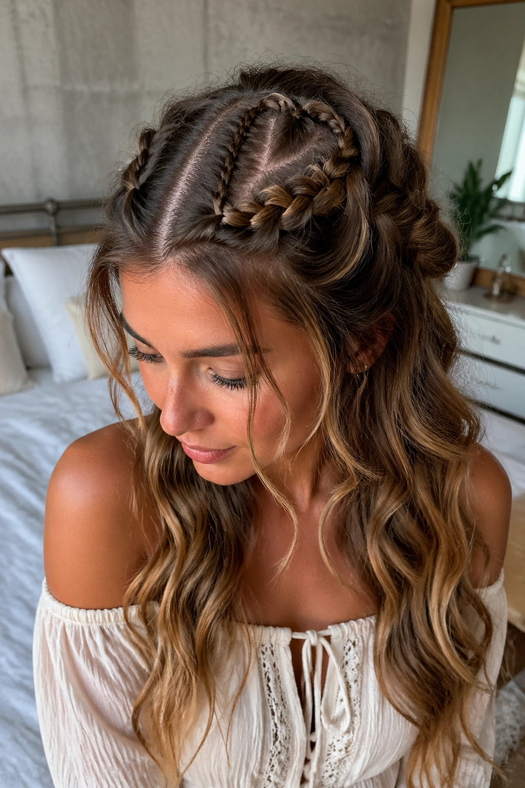 Close-up of a real person with a loose boho heart braid and pulled loops