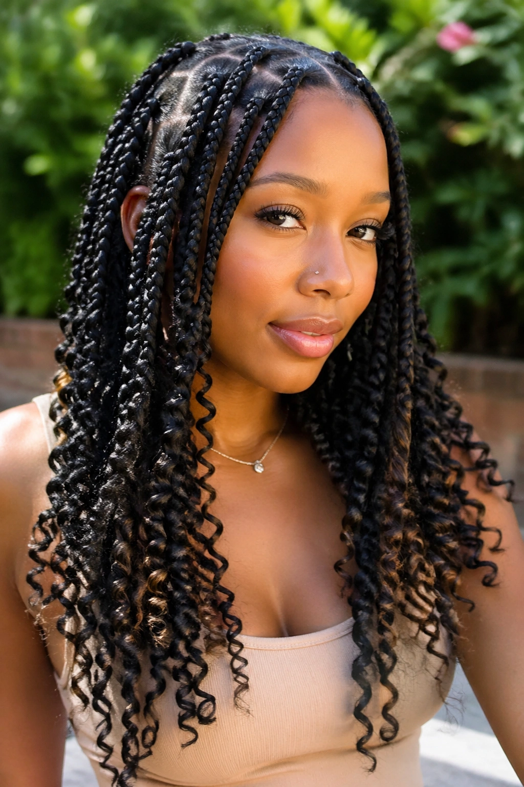 Close-up of boho jumbo knotless box braids with curly ends on a real person