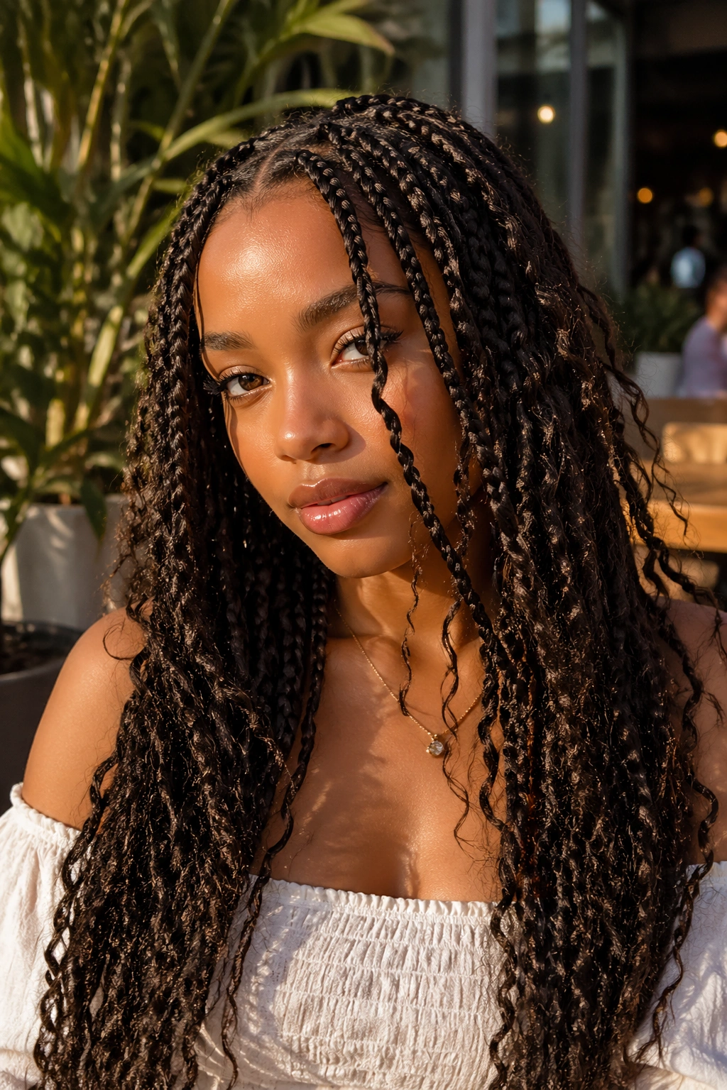 Close-up of a real woman with boho knotless braids and loose curls around the face