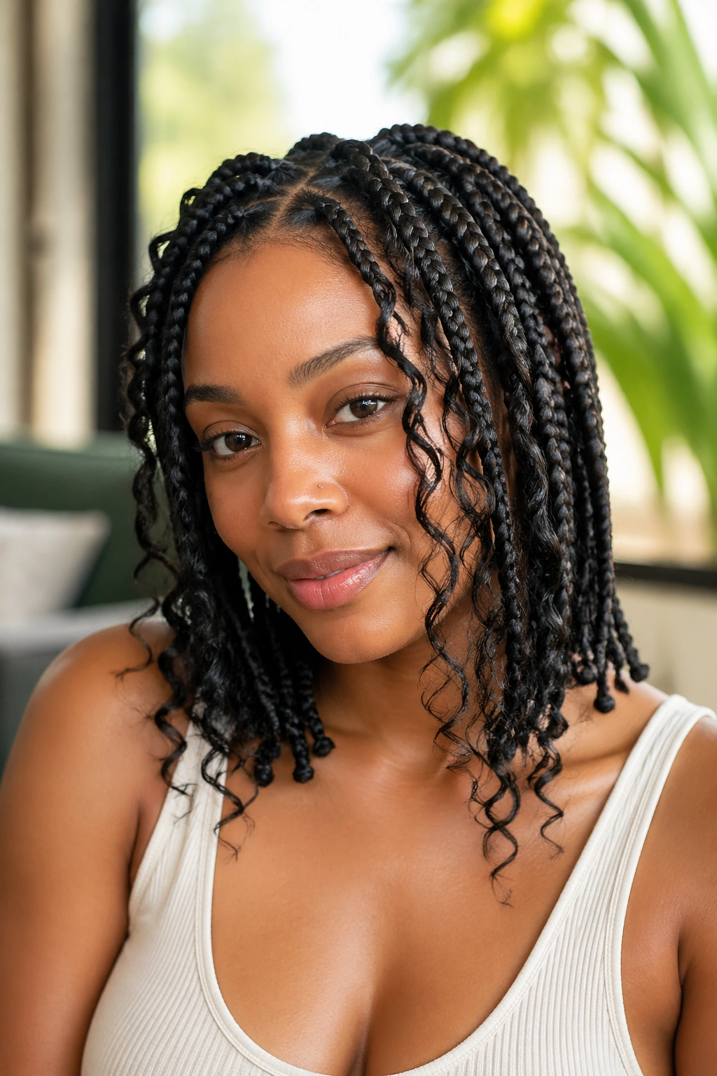 Close-up of boho knotless braids with mixed curly pieces