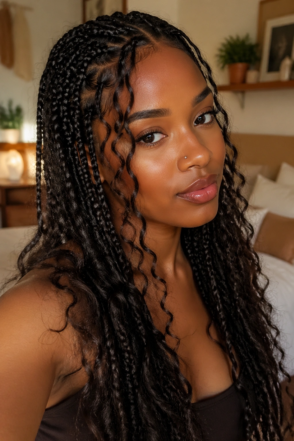 Boho knotless braids with loose curls framing face on real woman