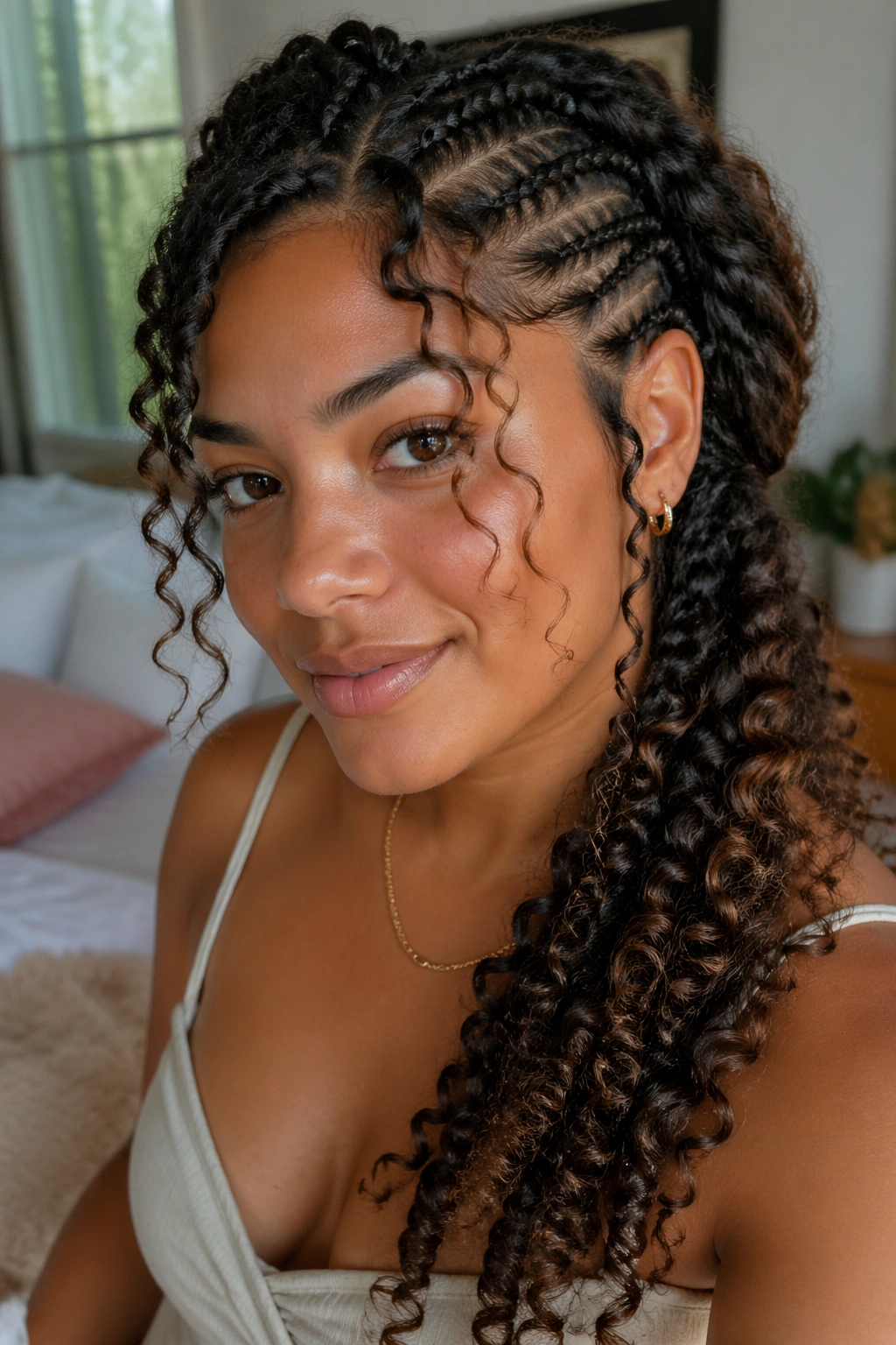 Close-up of boho side lace braid with loose face-framing curls on a real person