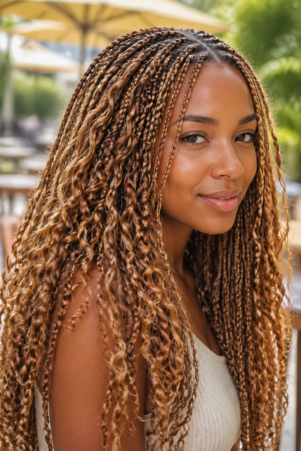 Close-up of a real woman with micro to medium boho braids in warm tones