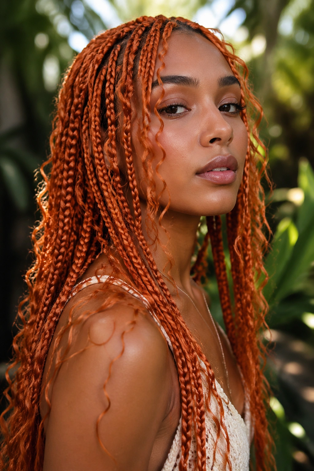 Close-up of boho orange box braids with loose curls throughout on a real person