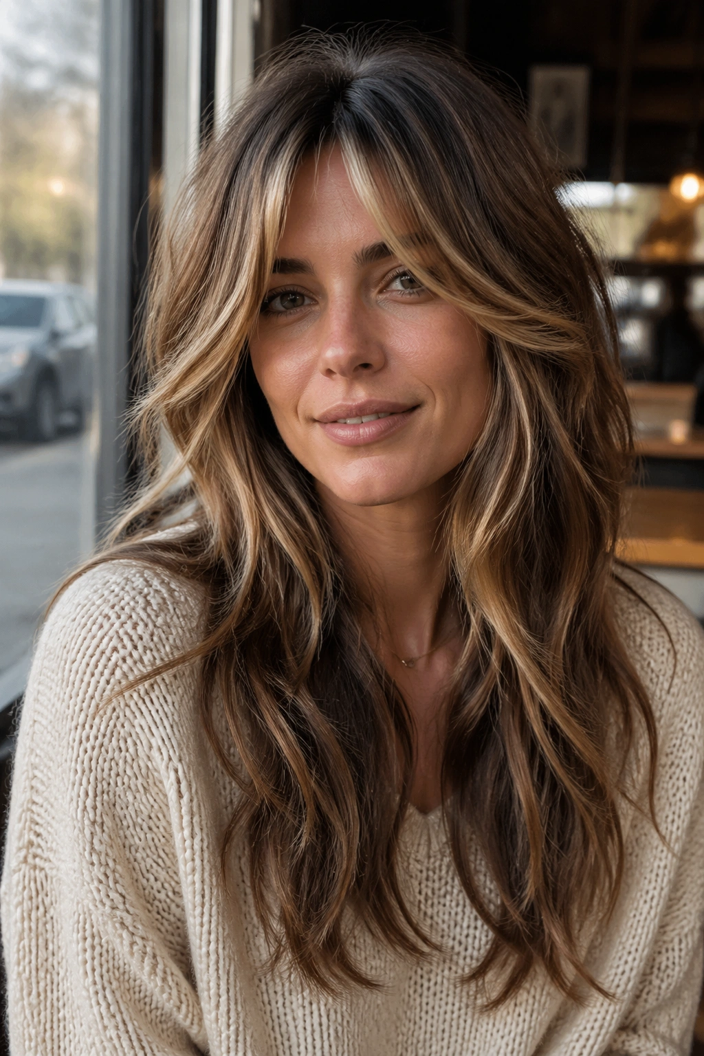 Close-up portrait of a real woman with boho long shag and extra face-framing