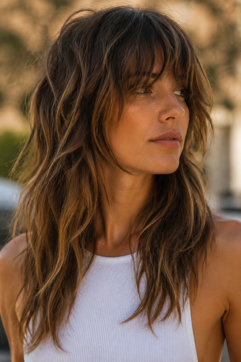 Portrait of person with boho shaggy mullet in warm natural light