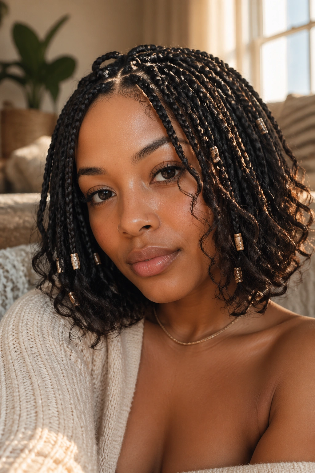 Close-up portrait of a real woman with boho-soft bob, curls and light beads