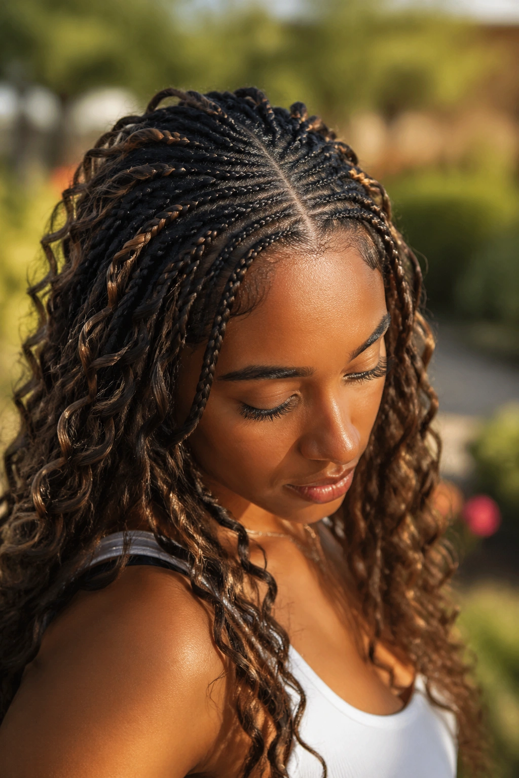 Close-up of a real woman wearing boho stitch braids with loose curls around the length.