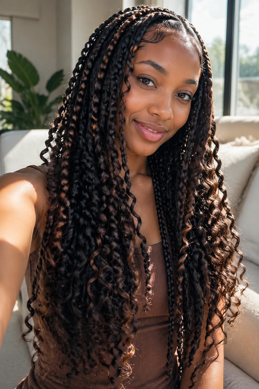 Portrait of a real woman with boho textured braids along the length