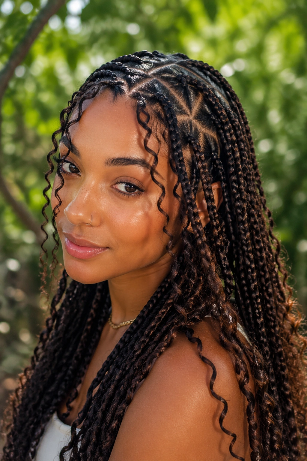Close-up of a real woman with boho triangle-part braids and face-framing pieces in a sunlit park