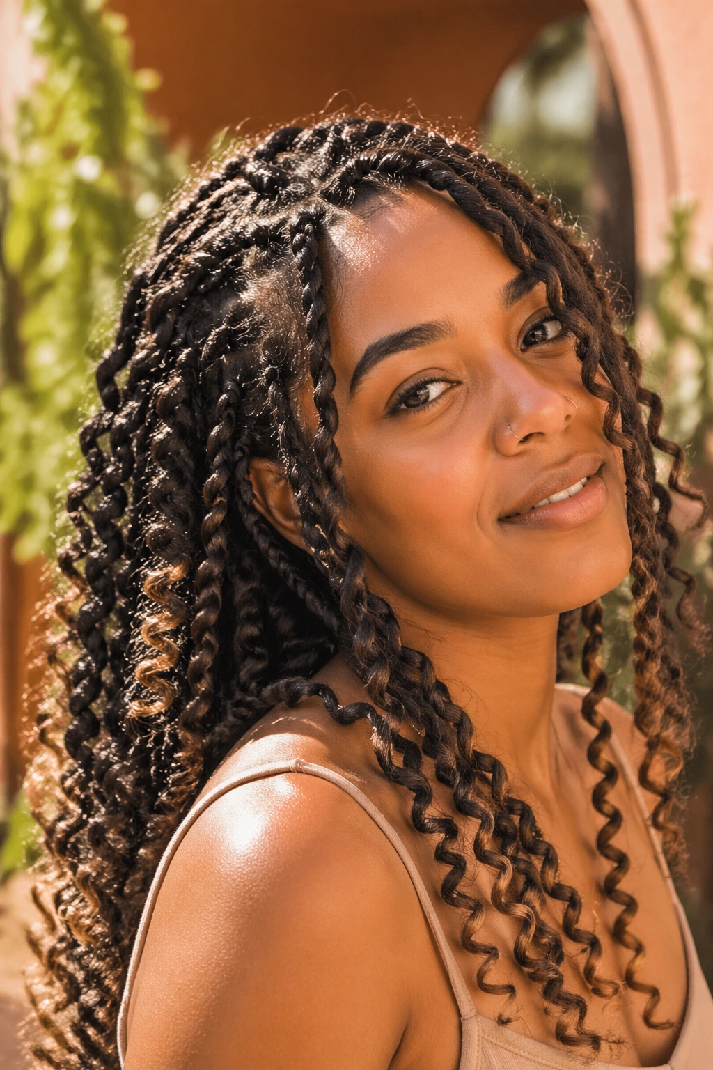 Close-up of boho twists with freestyle curls on a real woman
