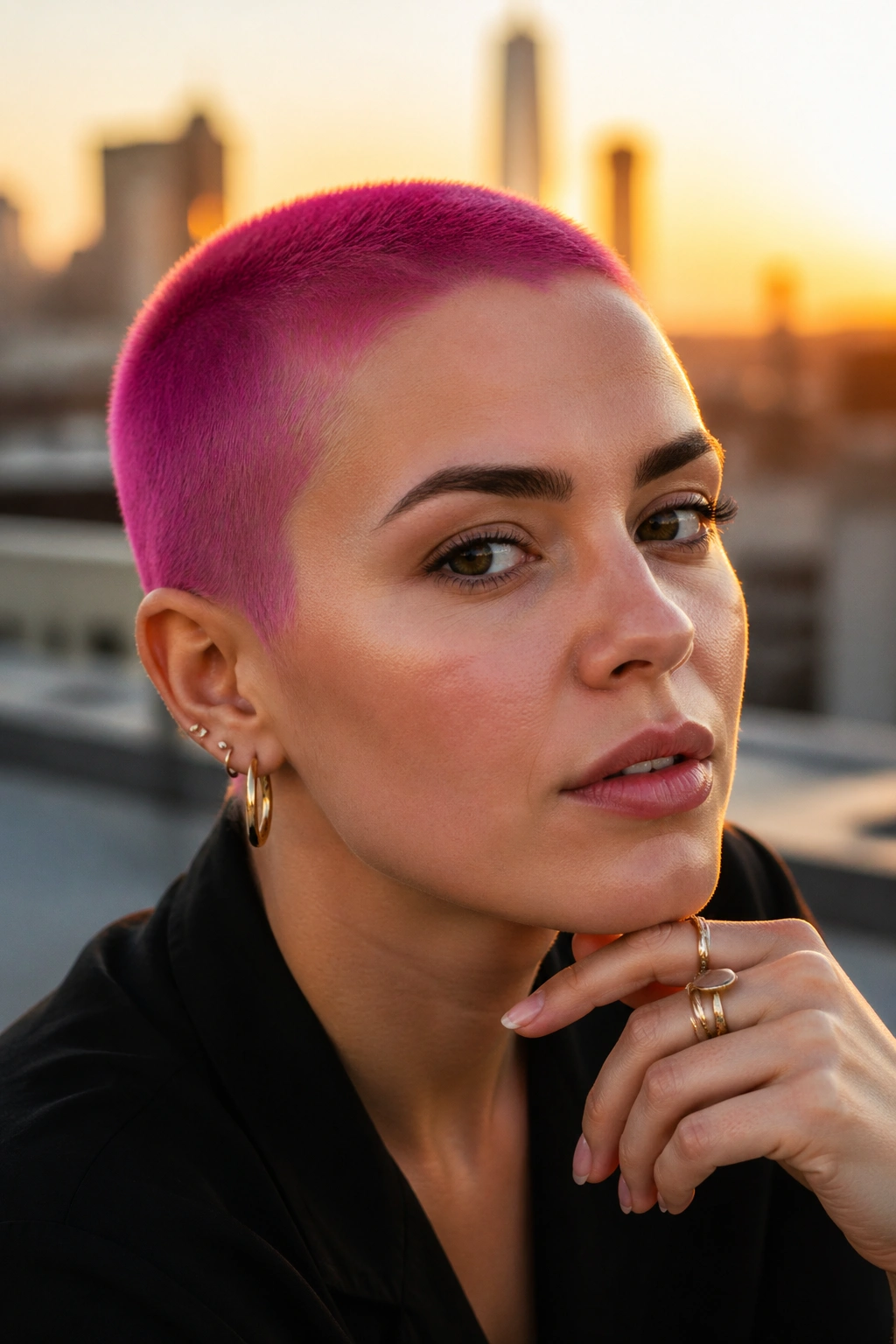 Close-up portrait of a real person with a vivid color buzz cut at golden hour rooftop