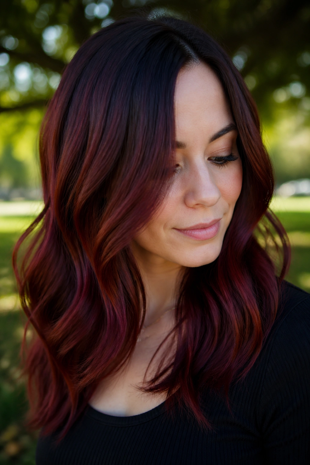 Close-up of a real woman with Bordeaux shadow melt hair from root to ends.