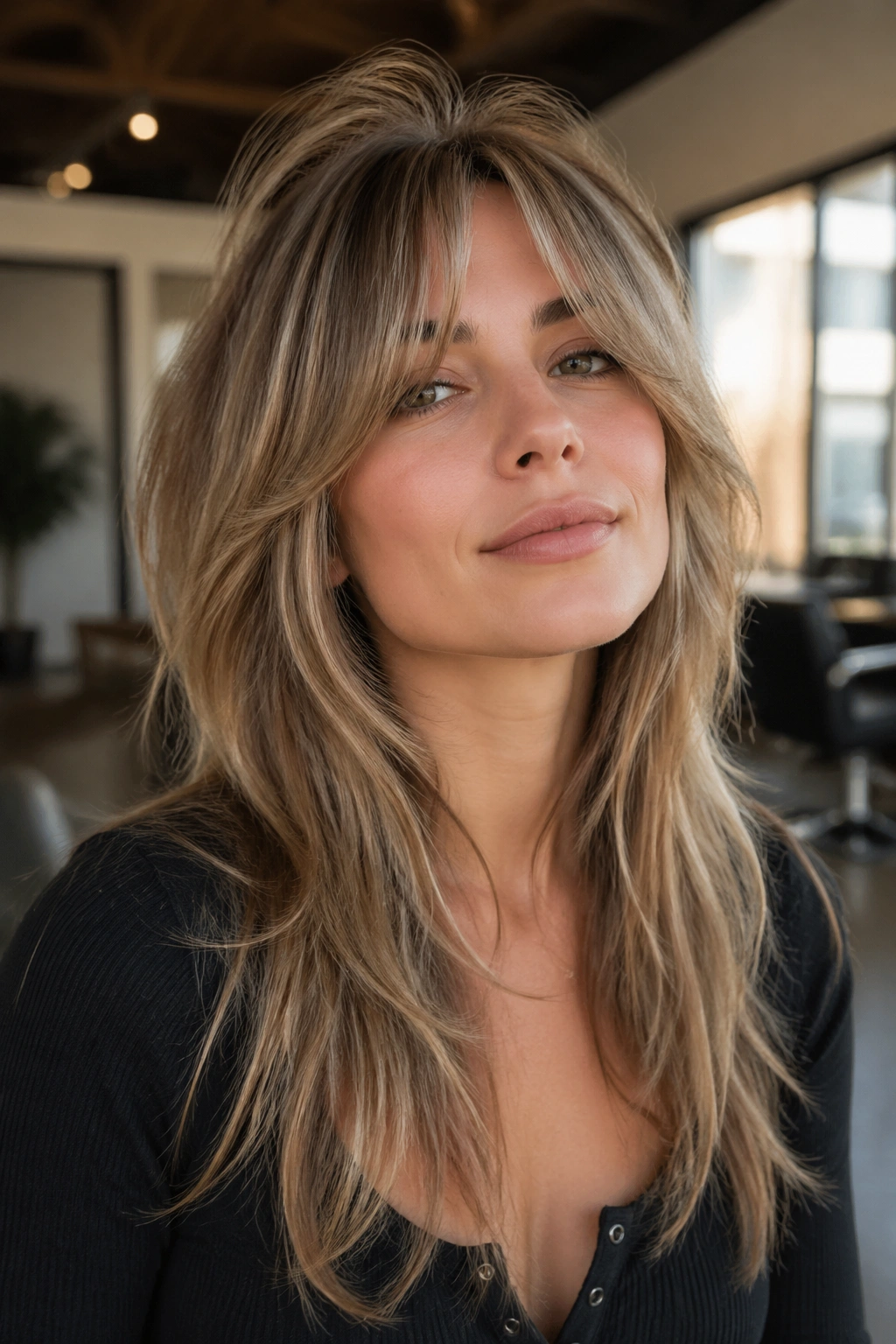 Close-up of a real woman with bottleneck bangs and crown lift in a softly lit salon setting
