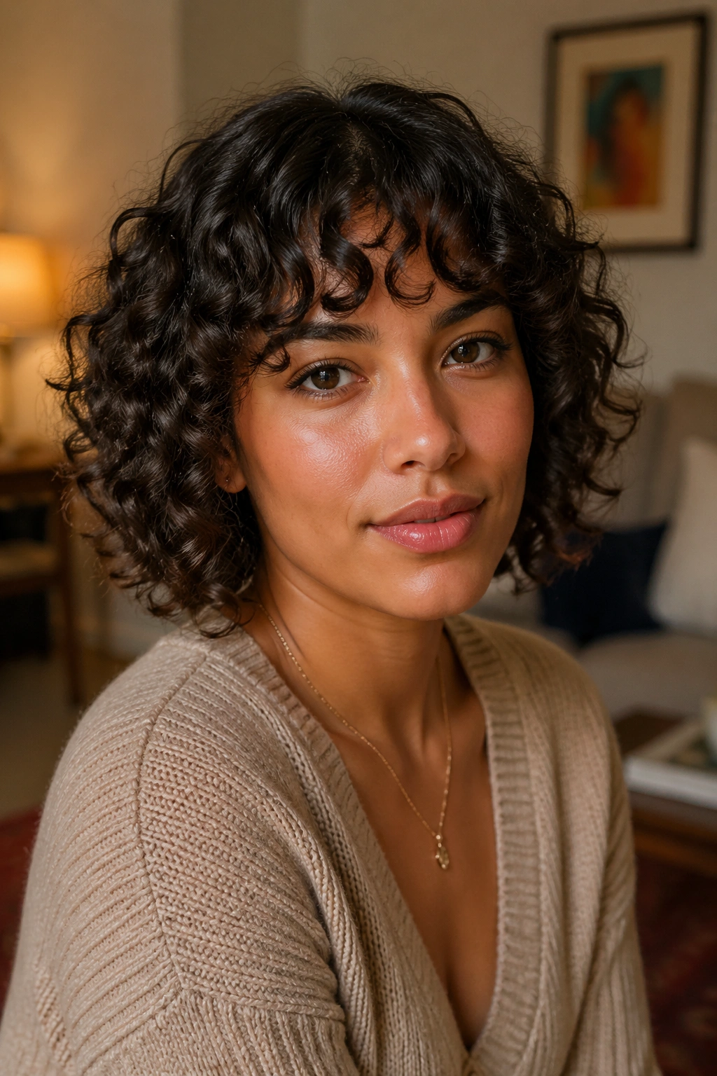 Close-up of a real person with bottleneck bangs on a short curly cut