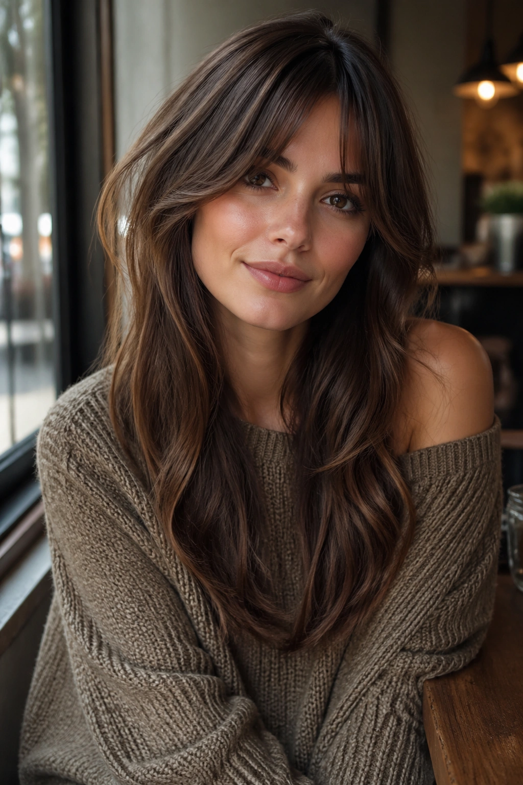 Close-up of a real woman with bottleneck bangs in a cafe window light