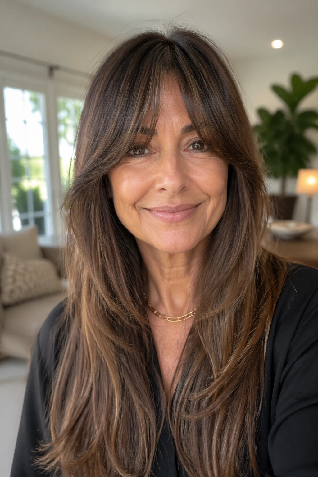 Real woman with bottleneck bangs blending into long hair in daylight