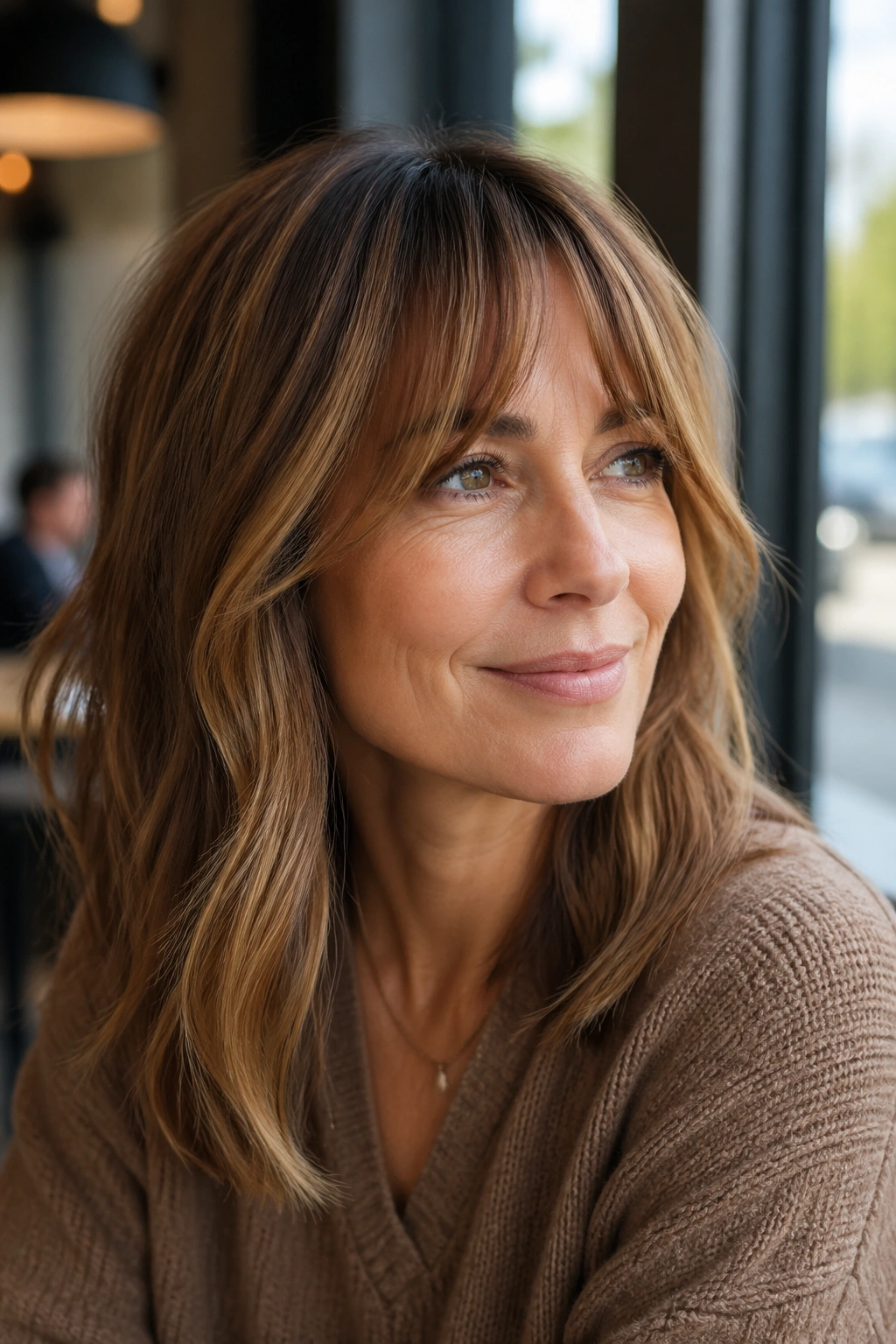 Portrait of a woman with bottleneck bangs framing the eyes