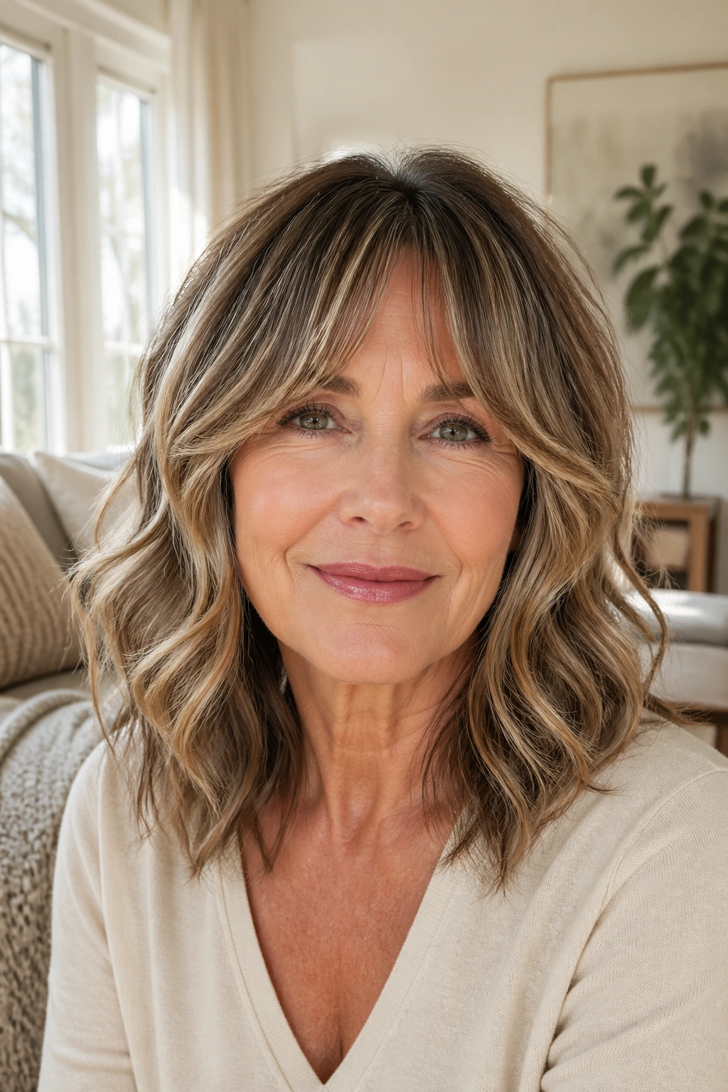 Close-up of bottleneck bangs with mid-length waves on a real woman