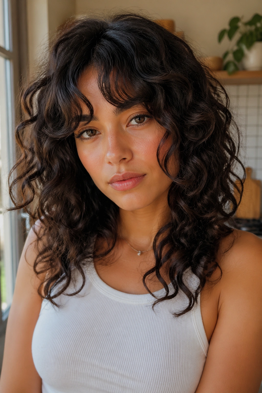 Close-up of a real woman with bottleneck bangs and rounded layers in bright light
