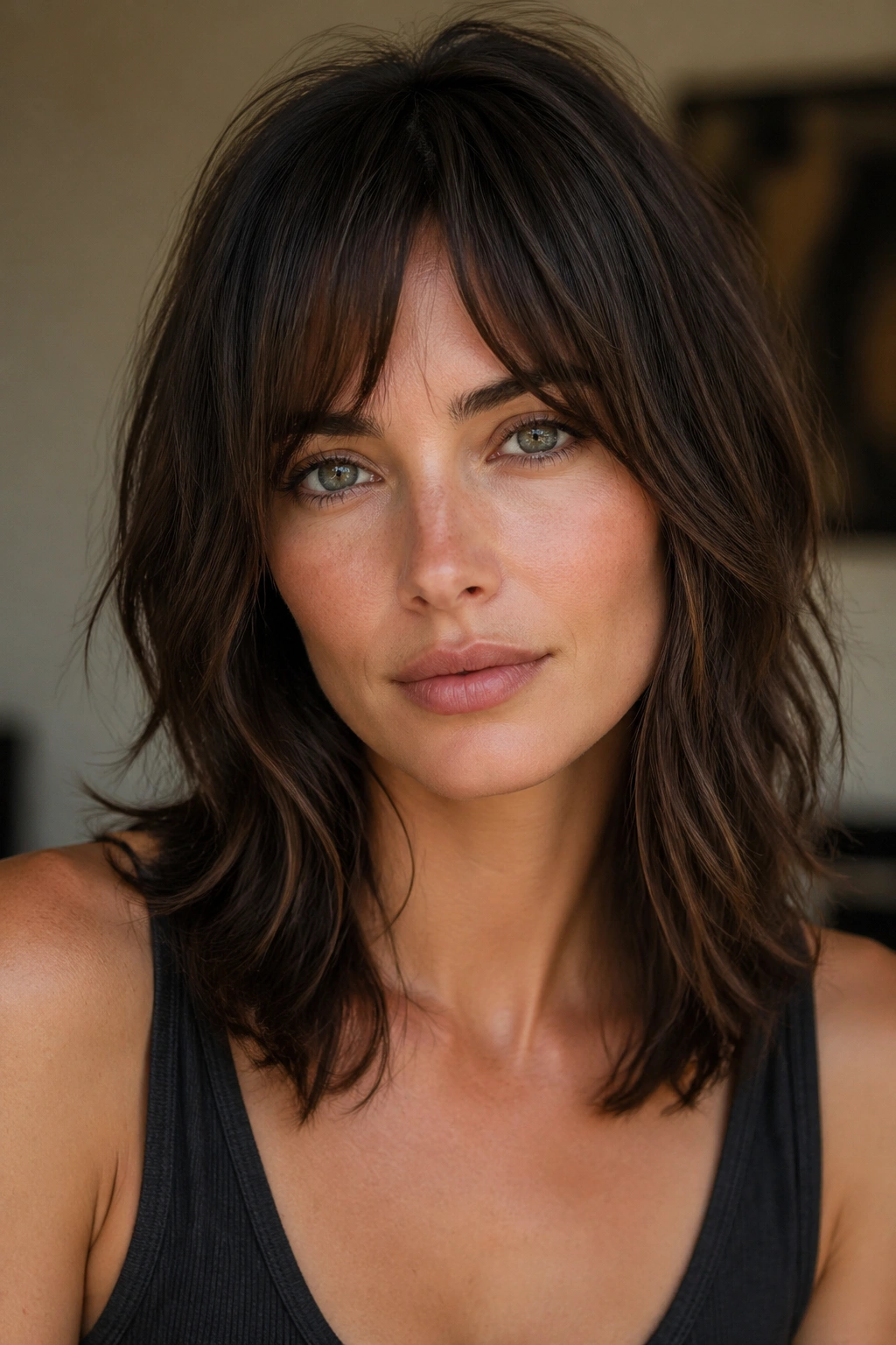 Real person with bottleneck bangs in medium-length shag under soft indoor light