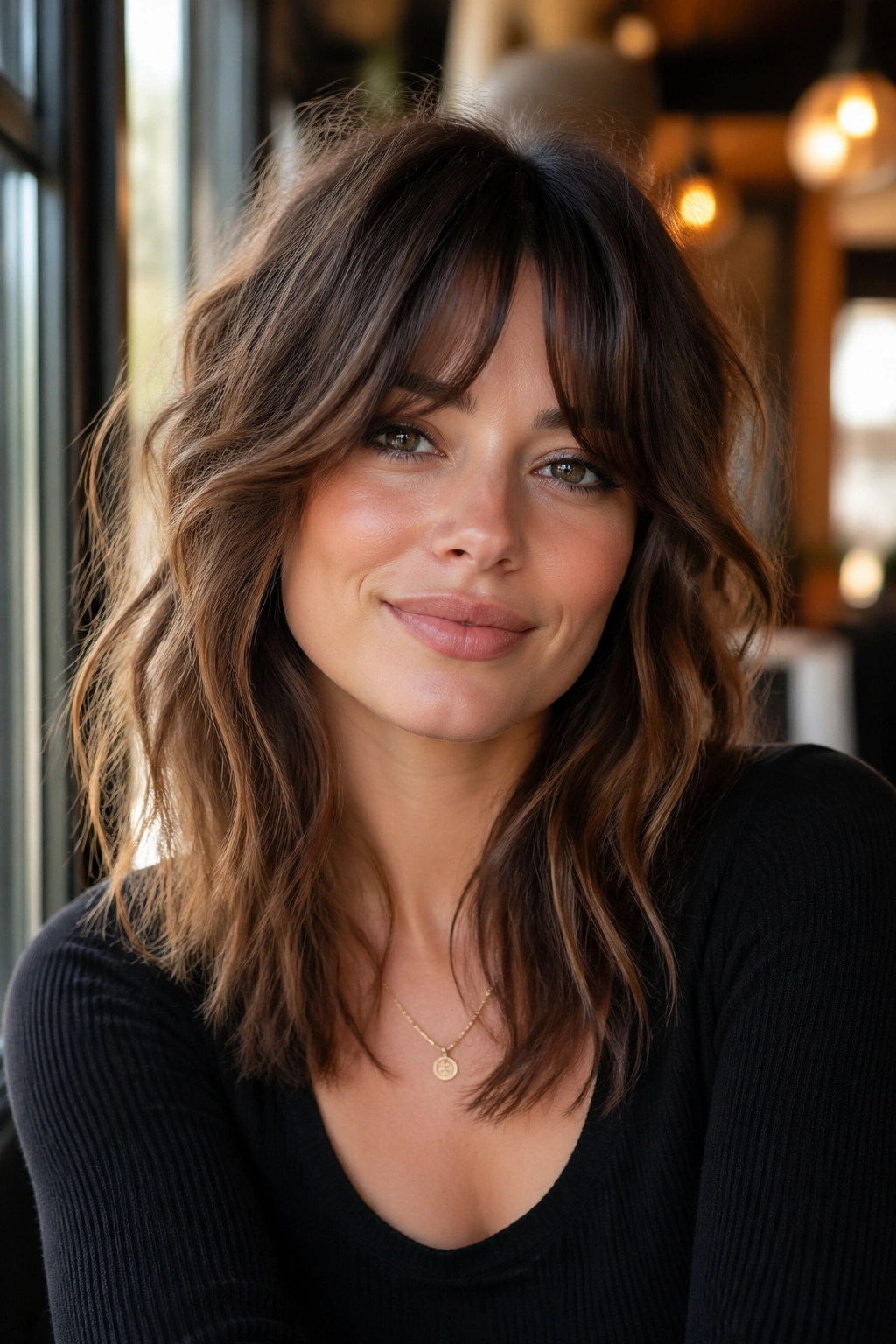 Close-up portrait of a real woman with bottleneck bangs on wavy hair in a cafe setting