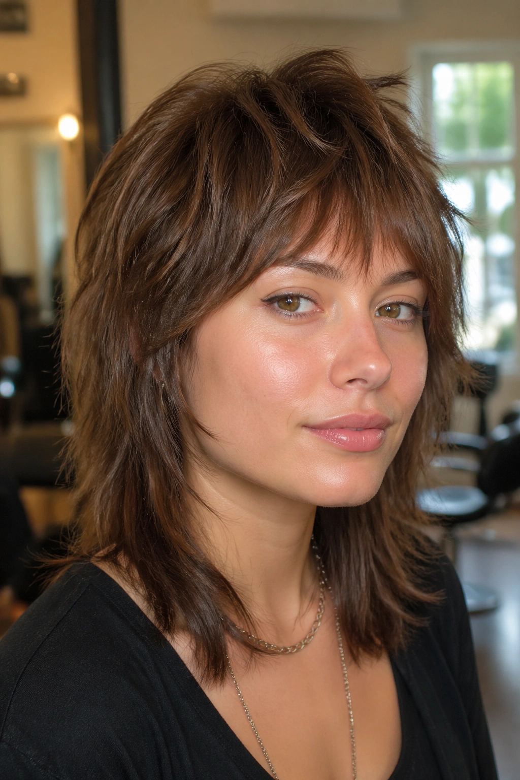 Close-up portrait of a real person with bottleneck fringe mullet in a warm salon light