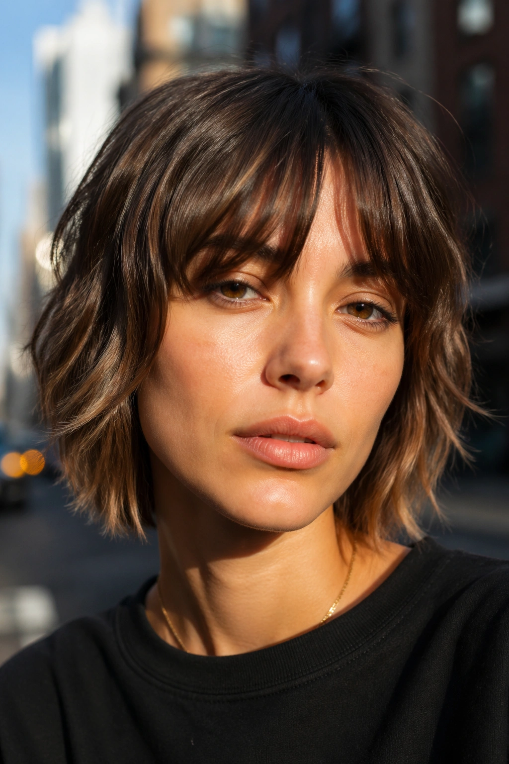 Close-up portrait of a woman with bottleneck fringe in a short shag bob