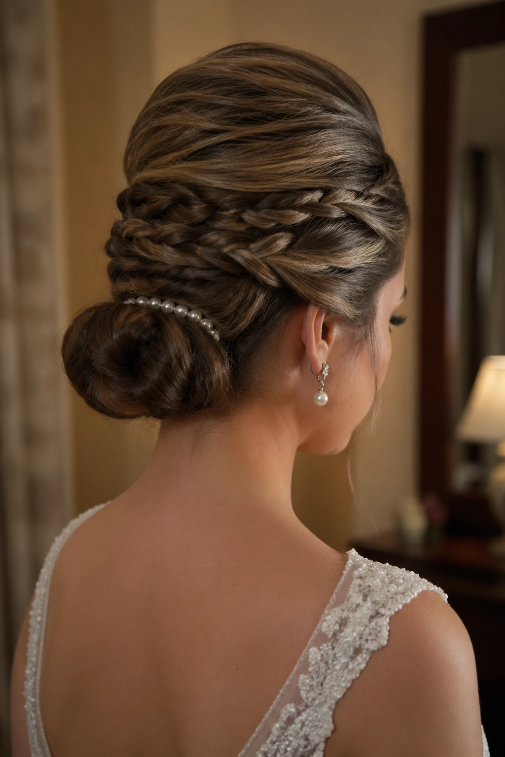 Three-quarter rear view of a real bride with a braided bouffant and low chignon