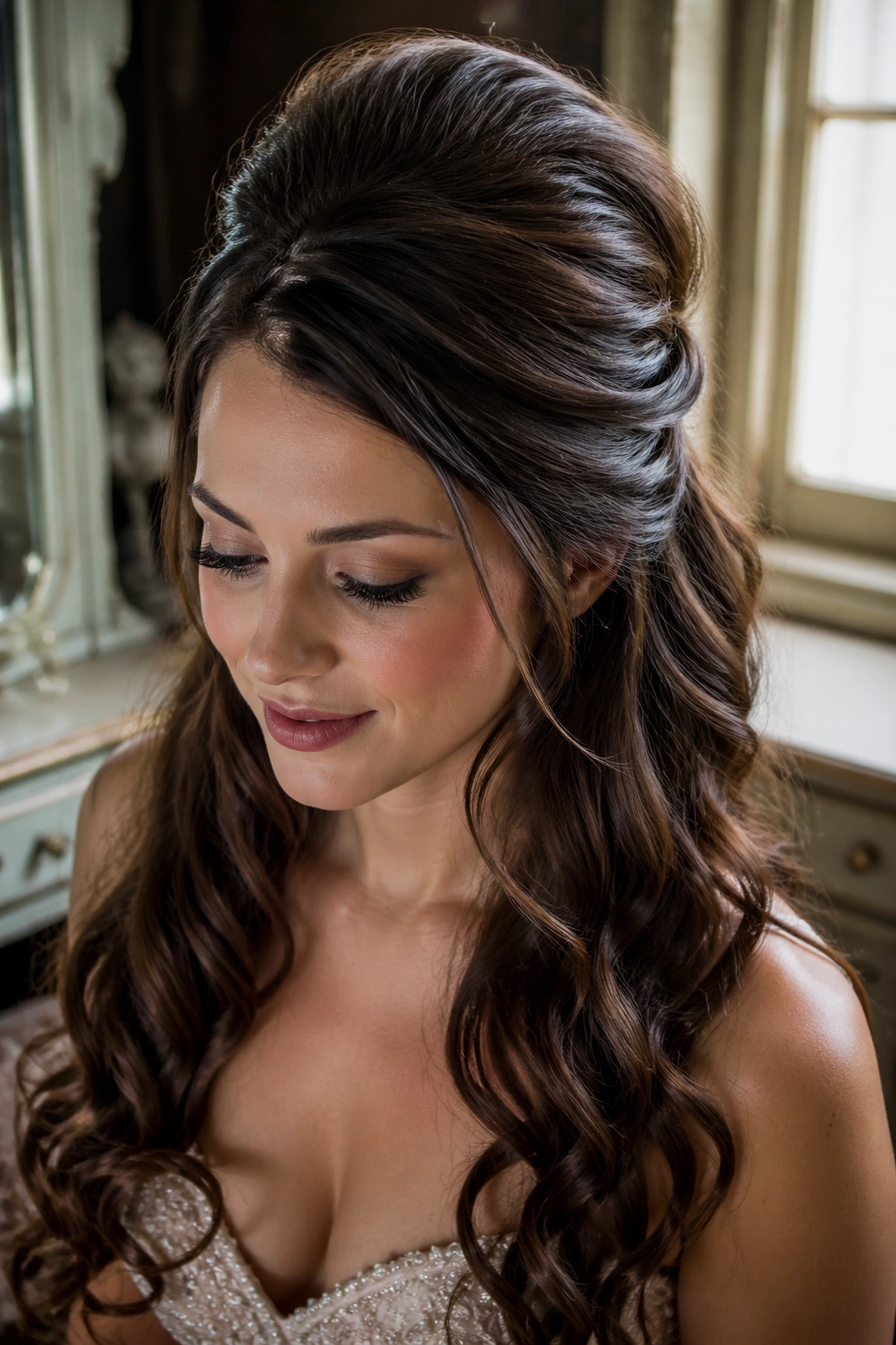Portrait of a woman with a voluminous half-up bouffant and loose waves, lit softly by window light